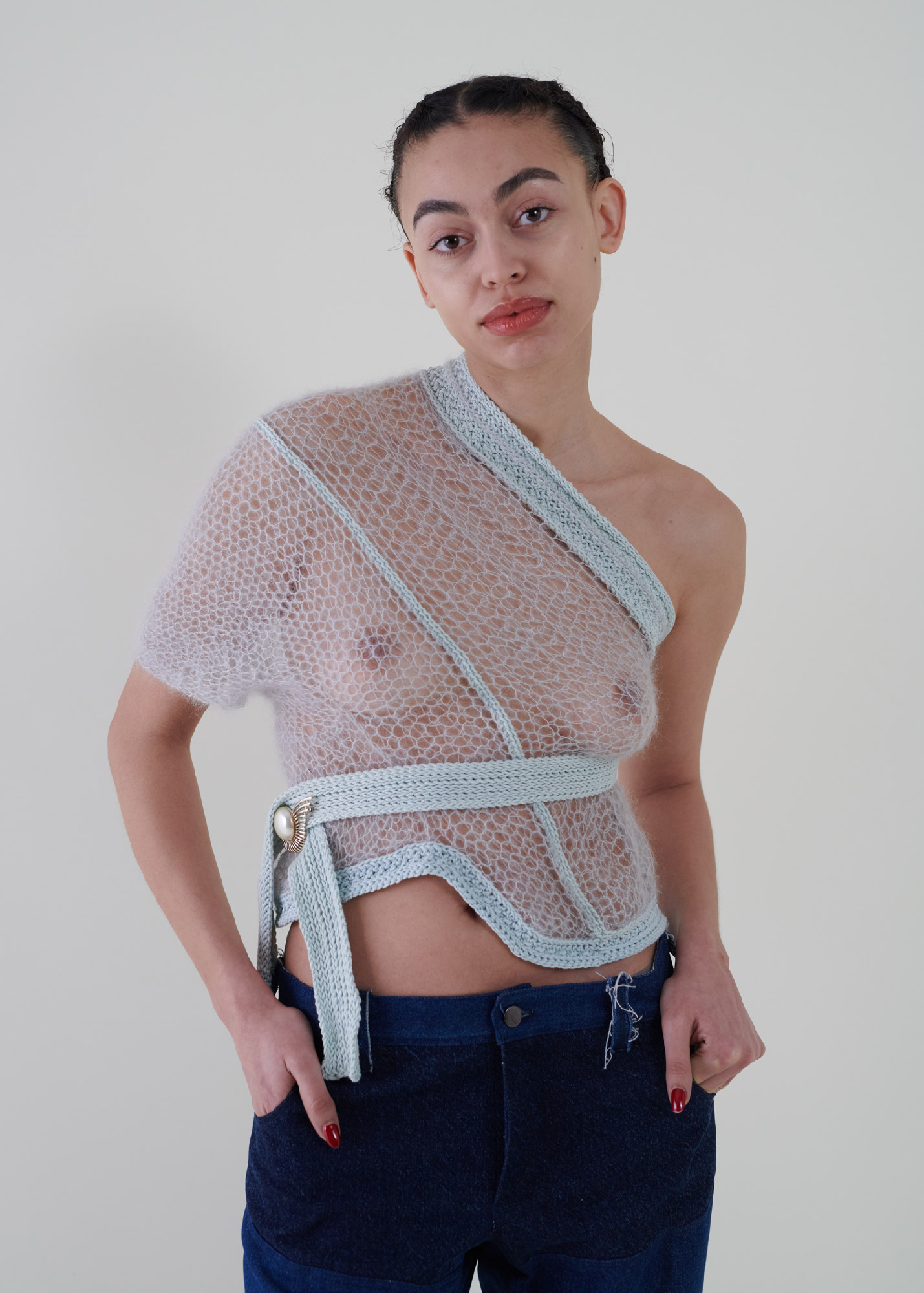 Sustainable fashion with upcycled angora crochet top from Aldwin Teva William