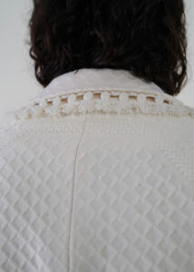 Sustainable fashion with upcycled wool honeycomb brocade tailored jacket from Aldwin Teva William