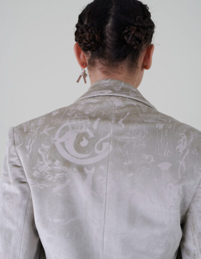Sustainable fashion with upcycled screen printed velvet pane tailored jacket from Aldwin Teva William