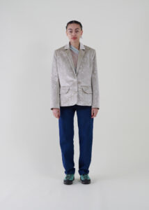 Sustainable fashion with upcycled screen printed velvet pane tailored jacket from Aldwin Teva William