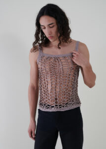 Sustainable fashion with upcycled wool viscose fishnet crochet top from Aldwin Teva William