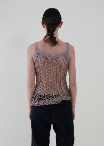 Sustainable fashion with upcycled wool viscose fishnet crochet top from Aldwin Teva William