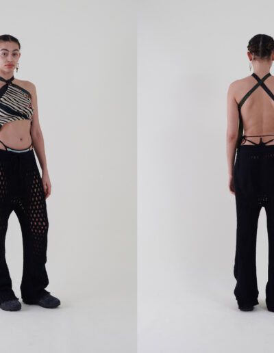 Sustainable fashion with upcycled alpaca crochet trousers from Aldwin Teva William