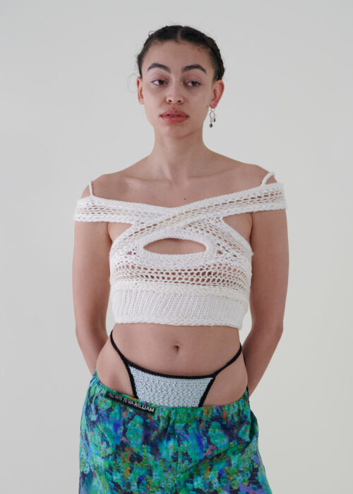 Sustainable fashion with upcycled cotton crochet thong from Aldwin Teva William