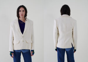 Sustainable fashion with upcycled wool honeycomb brocade tailored jacket from Aldwin Teva William