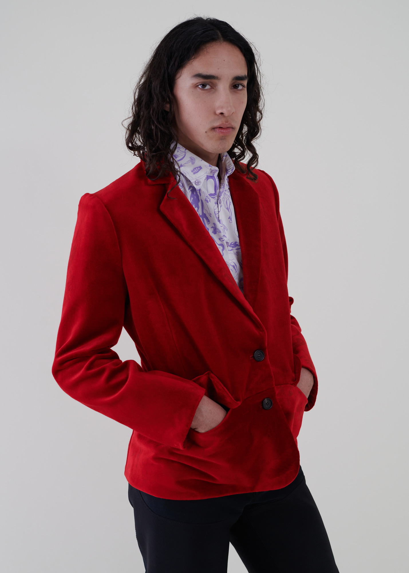 Sustainable fashion with upcycled cotton velvet tailored jacket from Aldwin Teva William