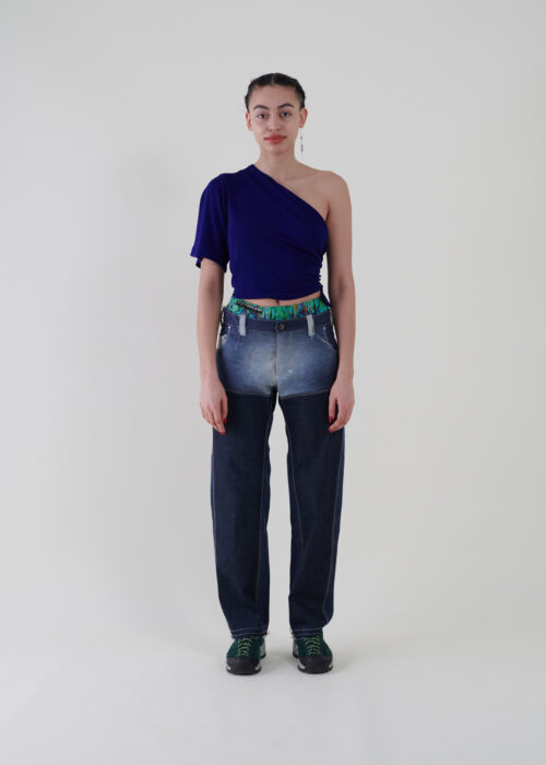 Sustainable fashion with upcycled gradient faded grey denim from Aldwin Teva William