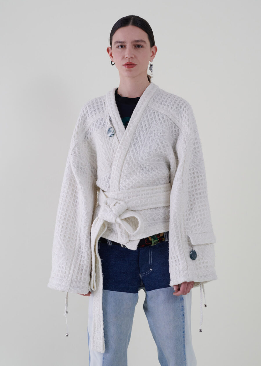 Sustainable fashion with upcycled honeycomb kimono from Aldwin Teva William